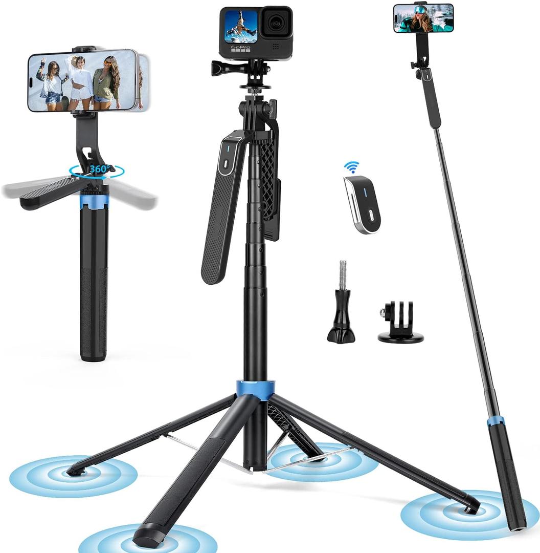 Eocean 71" Tall Selfie Stick Tripod Quadripod with Remote & with 360° Ballhead, Aluminum Alloy Extendable Cell Phone Tripod Stand, Travel Tripod Phone Holder Compatible with iPhone/ Android/ GoPro