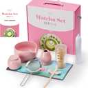 Matcha Whisk Set,9 Pcs Japanese Matcha Set Pink, Matcha Kit with Sifter, Matcha Tea Cloth, Matcha Powder Canister, Electric Rechargeable Frother(Pink) (Round)