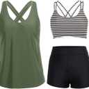 Holipick 3 Piece Tankini Swimsuits for Women Tummy Control Bathing Suits Swim Tank Top with Bra Boy Shorts Teen Swimwear (Large, Green Black Striped)