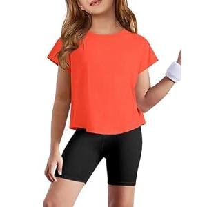 ZDC Girls Athletic Yoga Shirts Summer Short Sleeve Quick Dry Crop Tops Basic Gym Tees, 13-14 Years Bright Orange