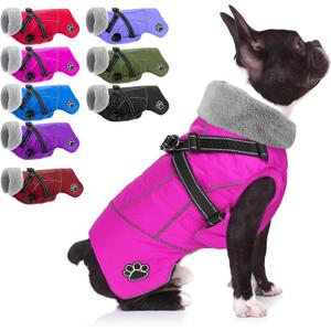 Doglay Dog Coat with Harness, Reflective Warm Dog Jacket Waterproof Puppy Winter Coat for Cold Weather, Adjustable Fleece Jacket for Small Medium Large Dogs (Pink), L