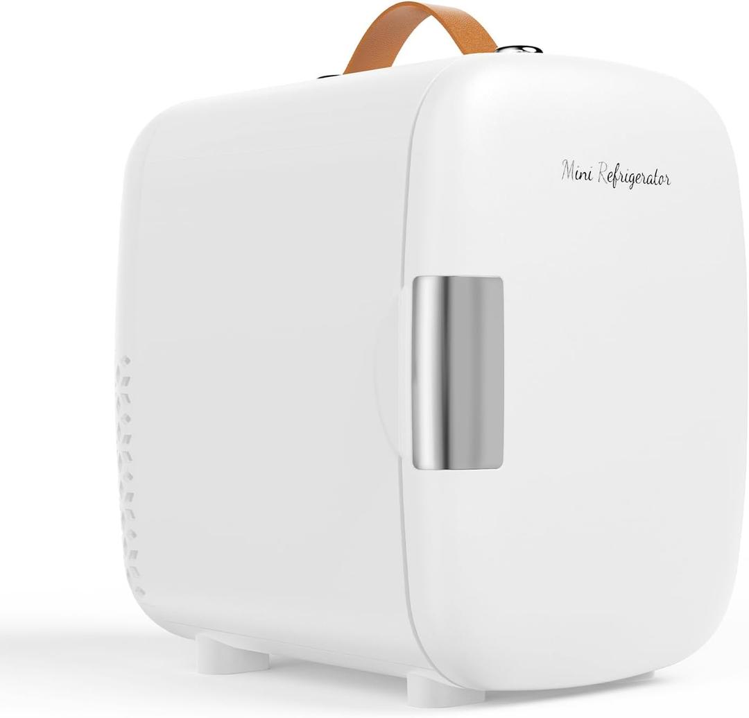 NEWBULIG Mini Fridge for Bedroom, Office & Car, Portable 4L/4.23QT Mini Refrigerator for Skincare with Handle, Ultra-Quiet Energy-Saving Compact Cooler for Drinks, Food, Skincare & Makeup, 12V AC/DC
