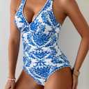 B2prity One Piece Swimsuit for Women Tummy Control Ruched Bathing Suit Push Up Tie Back Swimwear Shell Stitched (Blue, XL)