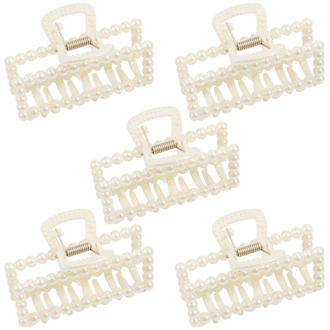 5 PCS Simulated Pearl Hair Claw Clips for Women | Multi-Use Barrettes for Thin Hair with Non-Slip Strong Hold | Barrettes for Thick & Curly Hair Accessories | Flat Claw Clips for Women, Off-White
