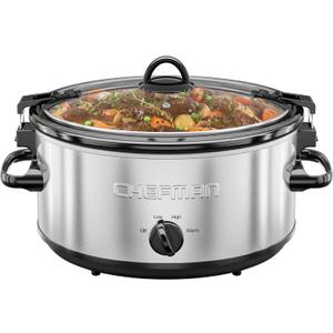 Chefman 6 Quart Slow Cooker with Locking Lid, Ceramic Crock with Portable Cook and Carry Travel Latching Lock, Large Easy Clean Dishwasher Safe Pot Insert, Manual 3 Heat Settings, Stainless Steel