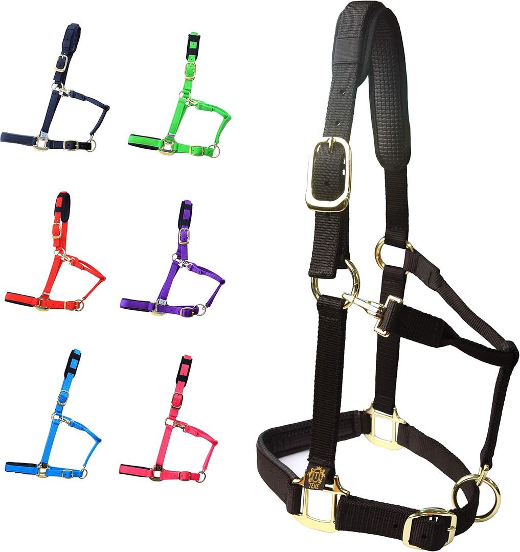 T TEKE Adjustable Horse Halters by Heavy Duty Soft Nylon, Padded with Anti-rubbing Waffle Neoprene on Both Crown & Nose (Pony (S), Black)