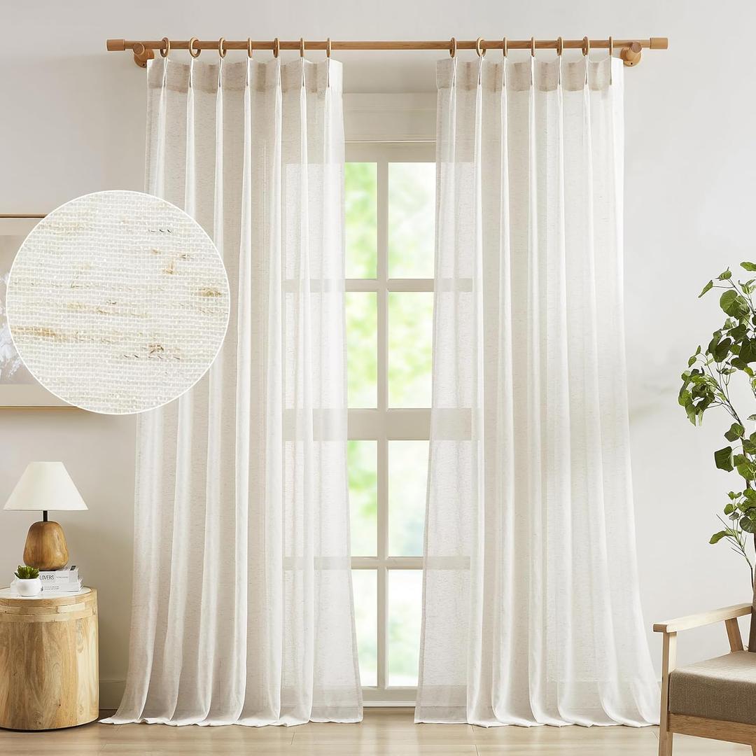 FMFUNCTEX Linen Sheer Pinch Pleated Curtains for Living Room, Linen Flax Beige 96 Inches Long Sheer Curtain Panels for Bedroom, Natural Back Tab Window Drapes for Farmhouse, Rod Pocket 2 Panels (52"W x 96"L (Pack of 2))