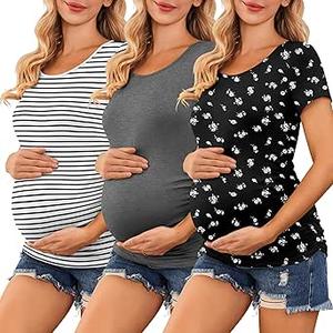 Maternity Shirts 3 Packs Flying Short Sleeve Nursing Tops Pregnancy Clothes.Large (Full Dark Green, Pink And One Black With Flowers)