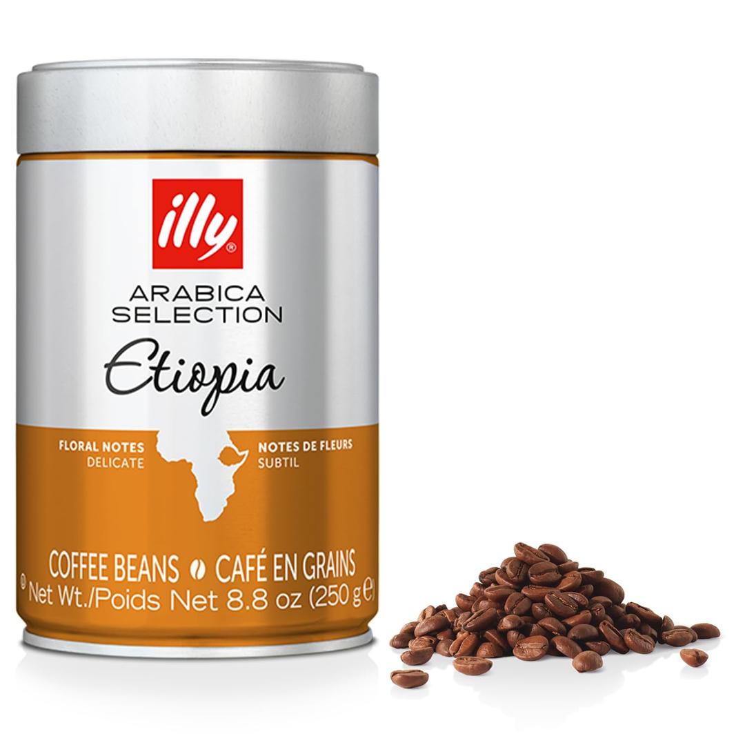 illy Arabica Selections Ethiopia Whole Bean Coffee, 100% Arabica Bean Single Origin Coffee, Light Roast with Notes of Jasmine, All-Natural, No Preservatives, 8.8 Ounce Can (Pack of 1), Best By: 02/01/27