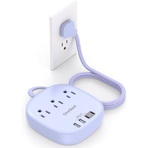 Flat Plug Power Strip, 6ft Purple Flat Extension Cord -3 Outlets 4 USB Ports (2 USBC) 22.5W/4.5A Desktop Charging Station, Power Strip No Surge Protection for Cruise Ship Dorm Room Travel Essentials