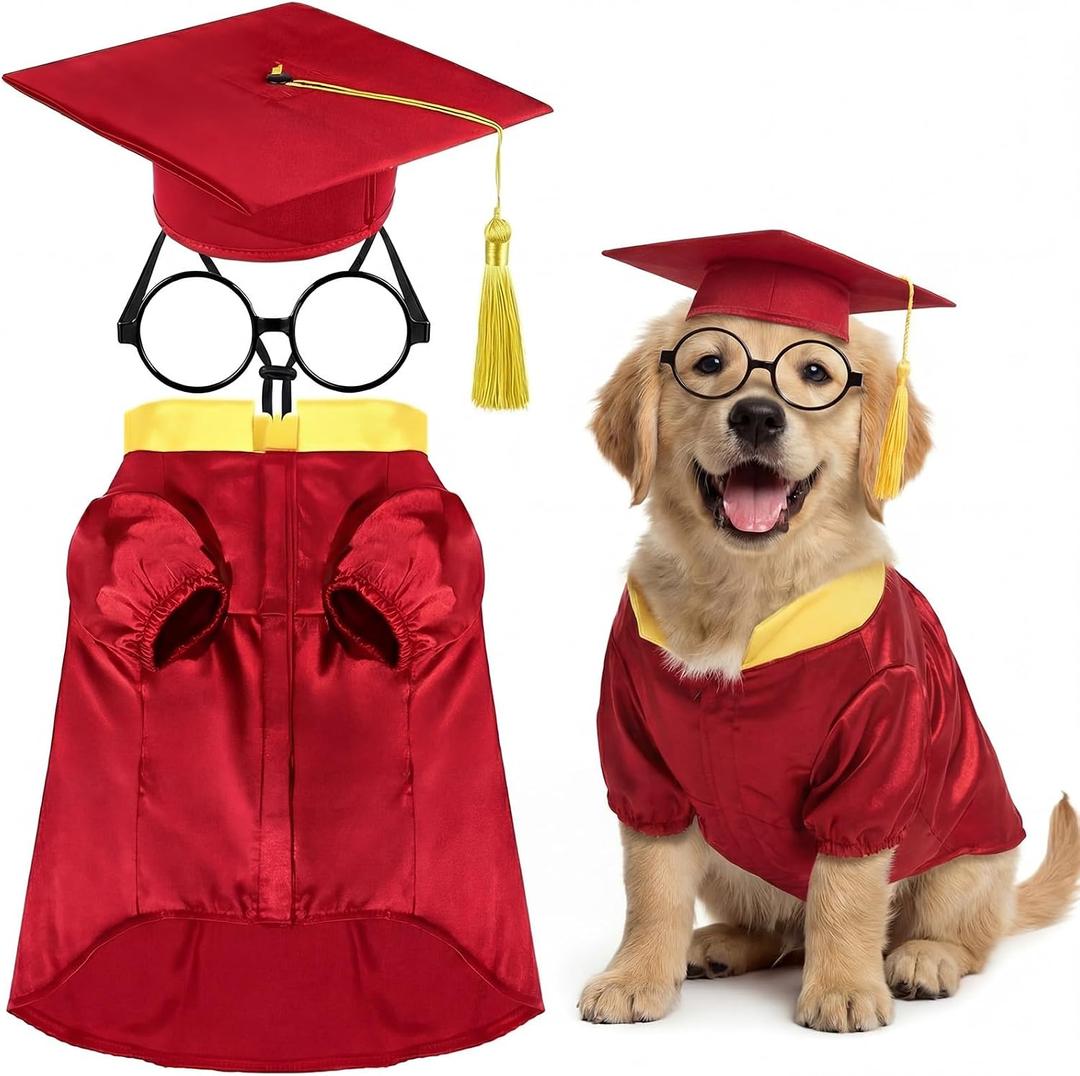 Huhumy 3 Pcs Dog Graduation Costume Set Include Pet Graduation Gown Adjustable Puppy Grad Cap with Gold Tassel Lensless Glasses for Dogs Cats Holiday Costume Accessory(Red,L)