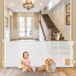 Reinforced 90 Extra Wide Retractable Baby Gate with Cat Door 33 Inch Tall Retractable Gates for Dogs Indoor with Door 7.5 Ft Extra Long Baby Gates for Large Openings Mesh Pet Gate Indoor, White