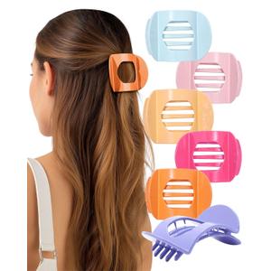AWAYTR 6Pcs Flat Hair Clips for Women Strong Grip Curved Claw Clip for Thin Hair Non-slip Plastic Hair Barrettes (Orange+Lavender+Pink+Ginger+Rose Red+Light Blue)