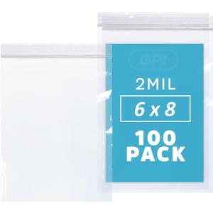 GPI - 6" x 8" Zip Bags, 100 Count, 2 Mil, Clear Plastic Reclosable Zipper Poly Baggies, with Resealable Zip Top Lock Seal, for Sandwich, Snack, Cookies, Food & Office Supplies