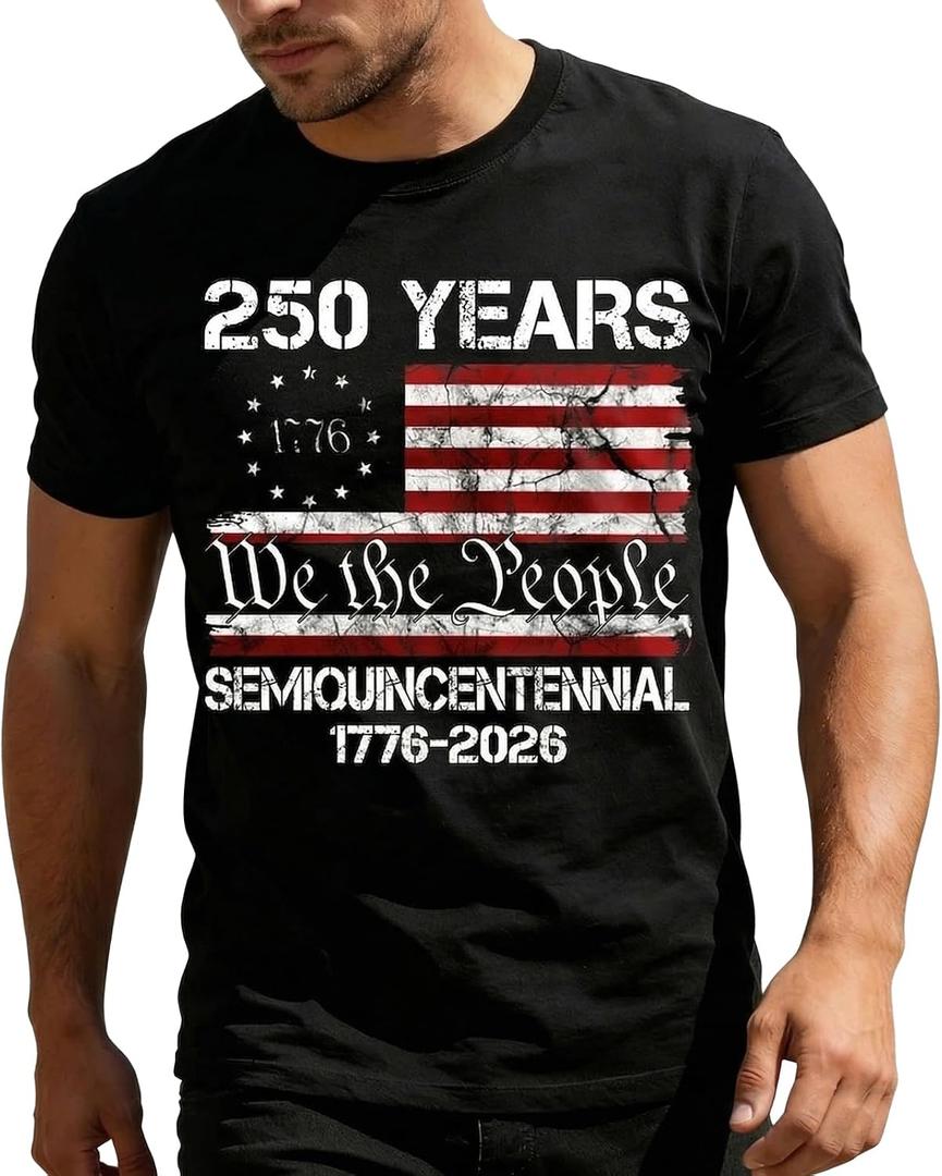 Evankin 250 Years America Shirt for Men, Patriotic 1776-2026 Tee | Semiquincentennial Independence Day T-Shirt with USA Flag, We the People 4th of July Freedom Tops (Black, L)