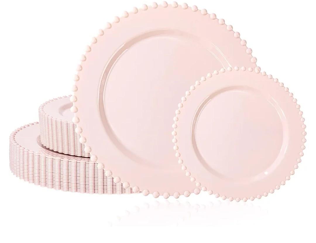 U-QE 60PCS Pink Plastic Plates - Heavy Duty Beaded Pink Valentines Plates for Valentine's Day, Party, Wedding - Serving 30 Guests Include 30PCS 10inch Dinner Plate & 30PCS 7inch Dessert Plate