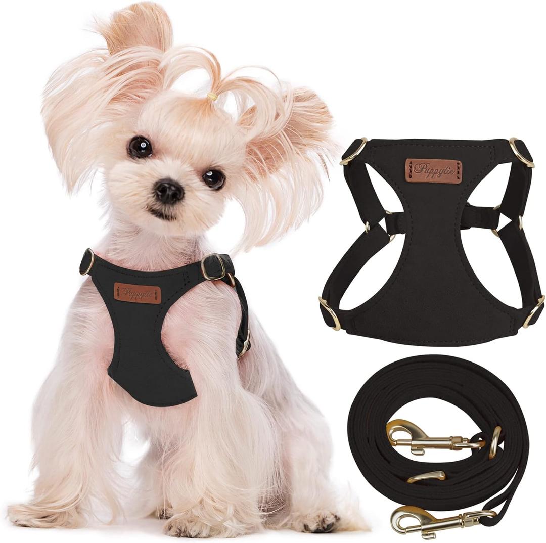 Puppytie No Pull XXS Puppy Harness with Multifunction Dog Leash,Soft Adjustable No Choke Escape Proof Pet Harness Vest,Black,XXS (XXS(2.2-6lb)