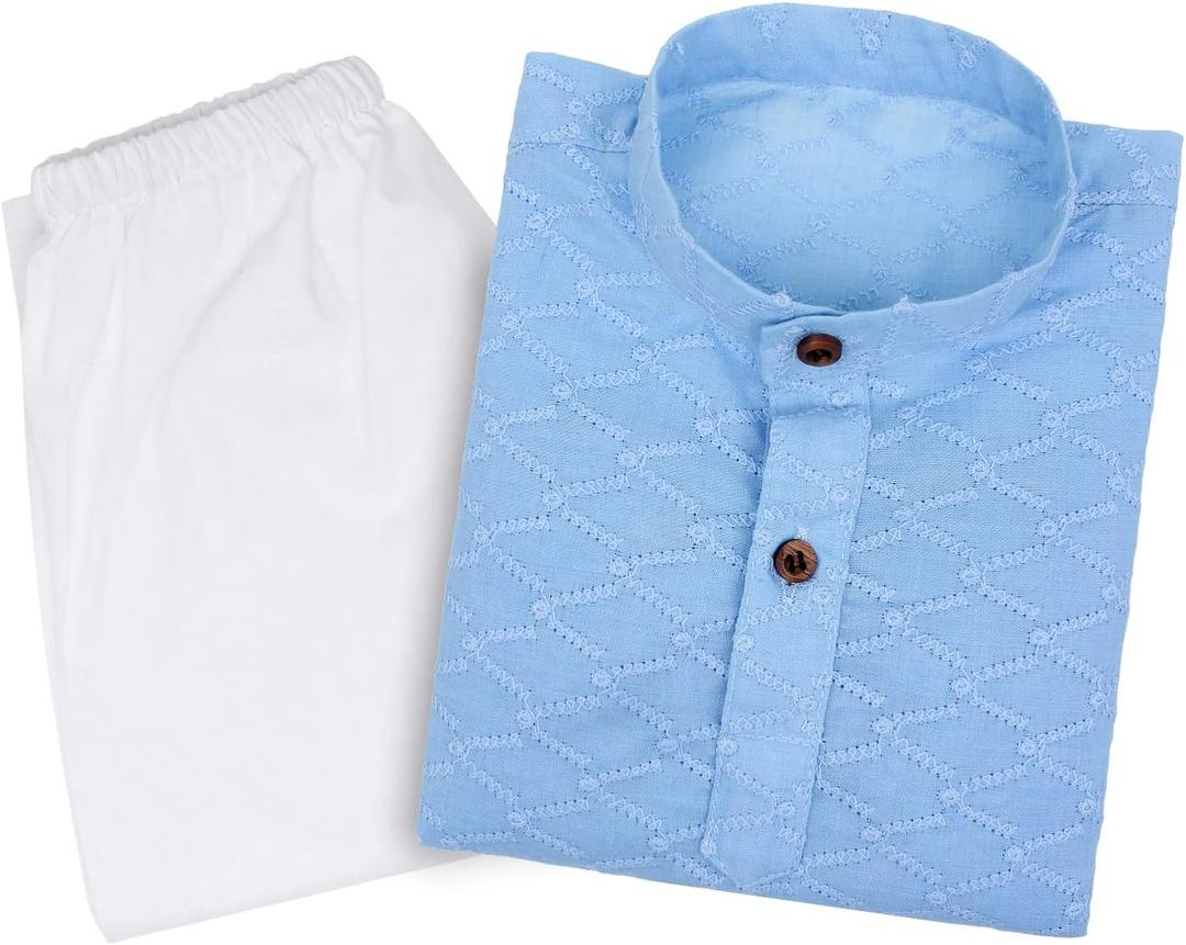 Superminis Baby Boys Ethnic Wear Colored Cotton Chikankari Kurta, Round Collar, Full Sleeves With White Pyjama (Blue, M)