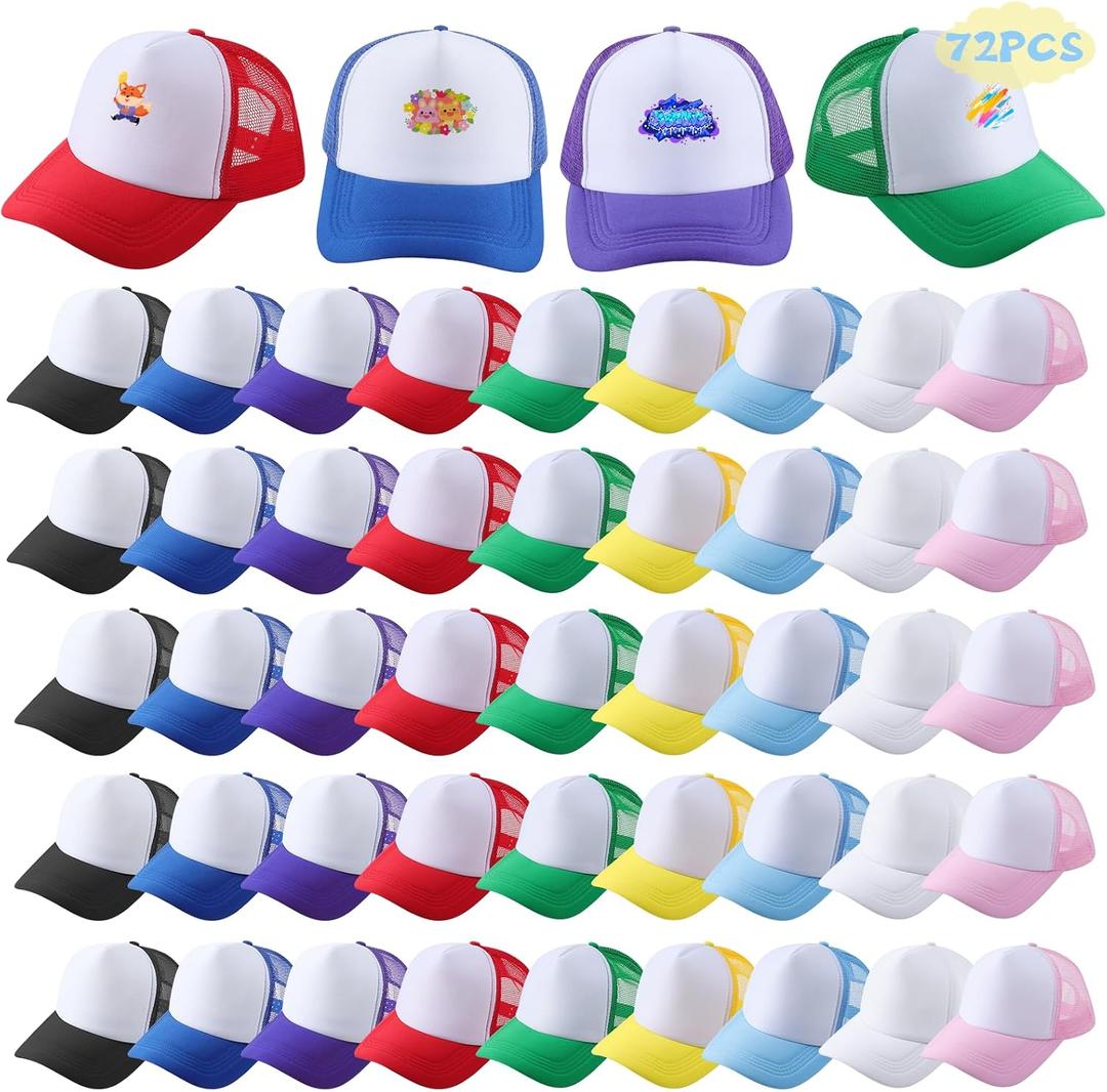 72 Pack Sublimation Trucker Hats, Adjustable Mesh DIY Baseball Caps, Multicolored Heat Transfer Bulk for Men & Women, One Size