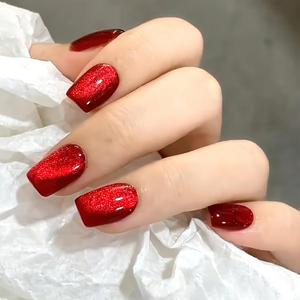 Red Press on Nails Short Square Fake Nails Glossy Cat Eye False Nails Luxury Glitter Coffin Glue on Nails Red Sparkle Reusable Full Cover Stick on Nails Design Artificial Acrylic for Women 24pcs