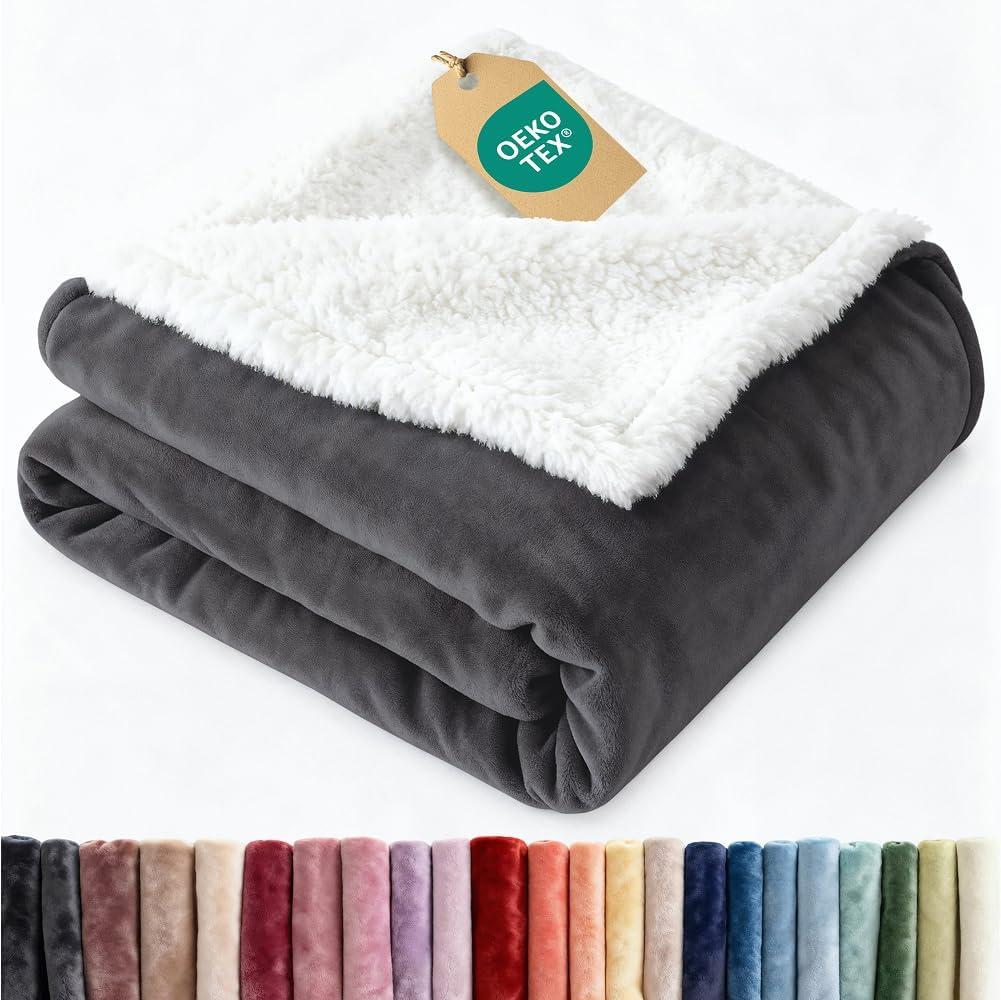 Sherpa Fleece Blanket Throw Size - Reversible Sherpa Fleece Throw Blanket - Super Soft Double Sided for Bed, Sofa, Couch - Thick, Warm, & Plush - Luxurious Bedding for Winter - Dark Grey, 50" x 60"