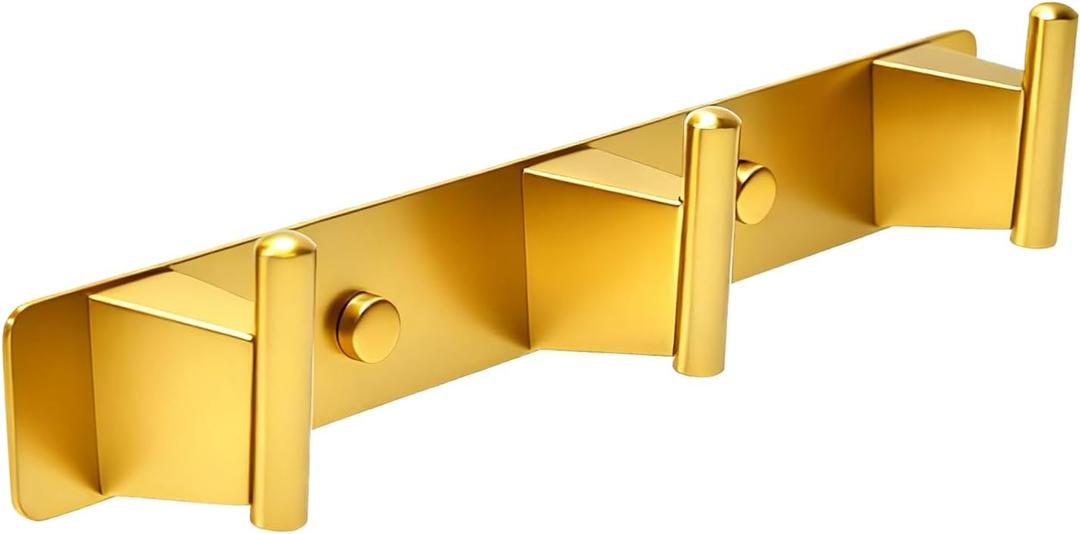Gold Brushed Wall Mounted Coat Hook Rack - 3 Modern Heavy Duty Hooks for Bathroom, Kitchen, Entryway - Premium Coat, Towel, Robe Hanger