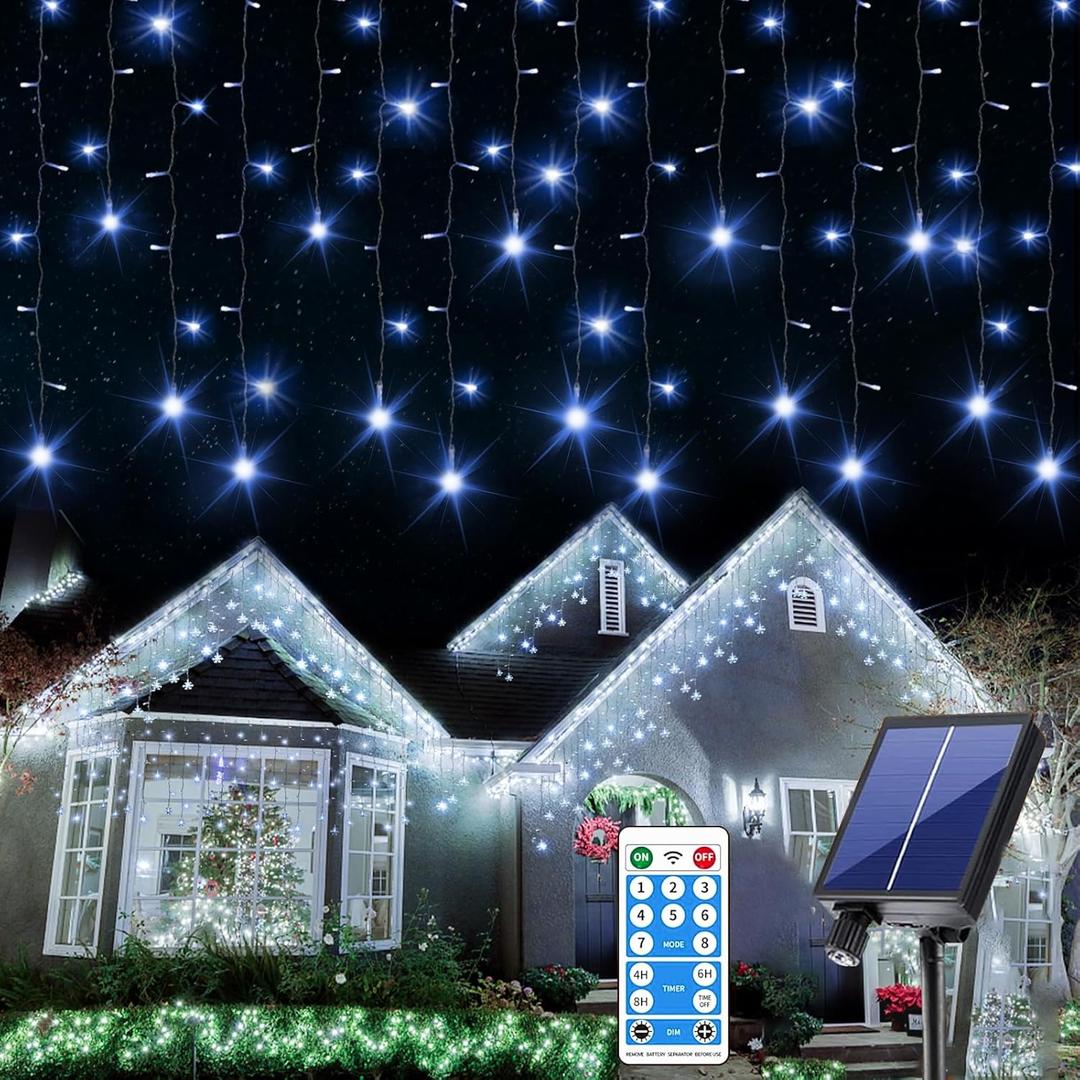 300 LED Christmas Icicle Lights Outdoor, 8-Mode Solar Icicle Lights Led Fairy Curtain Lights for Wedding Party Holiday Christmas Decorations(White)