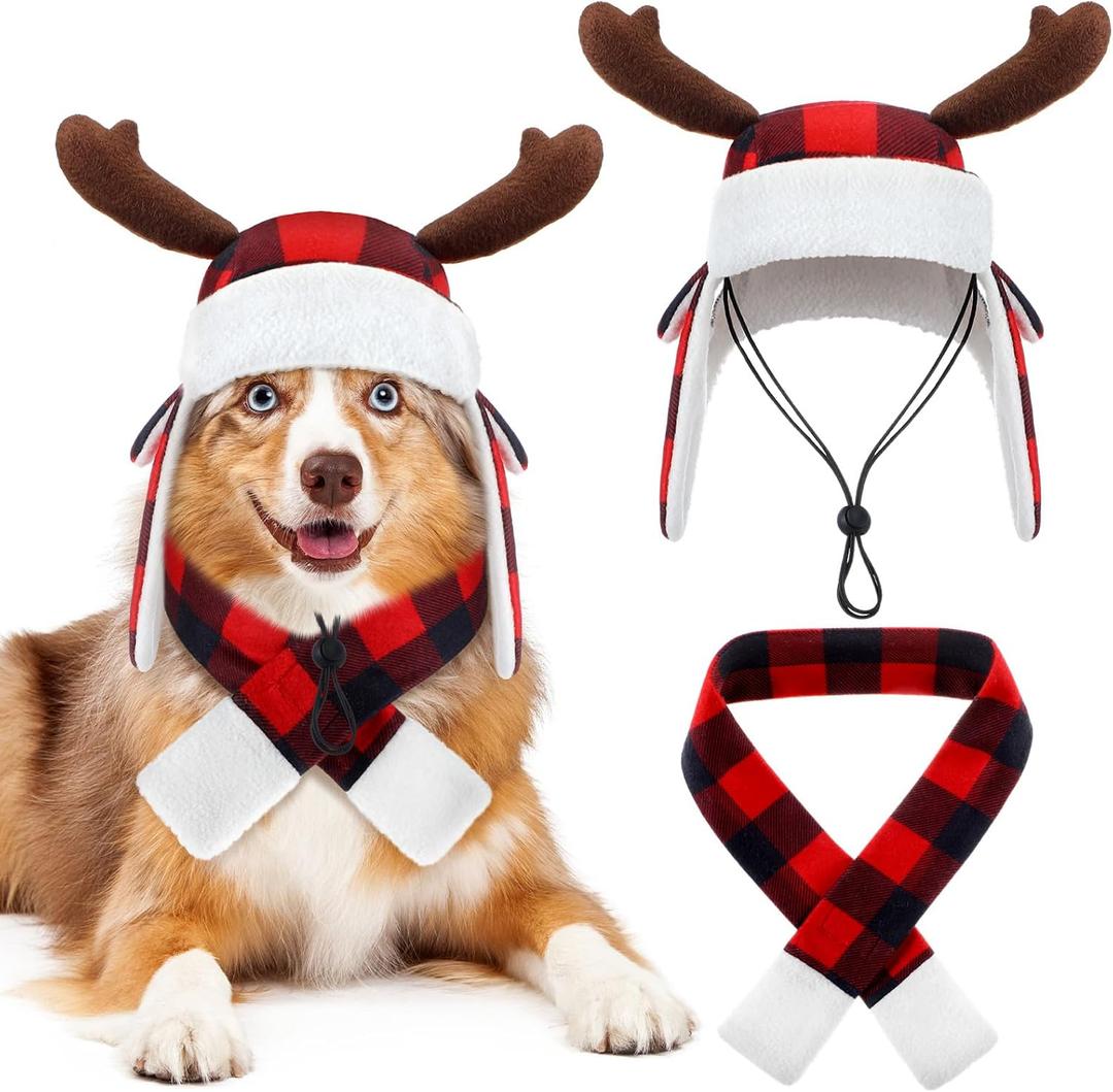 Coume Christmas Antler Check Dog Hat and Scarf Set Winter Red and Black Buffalo Plaid Pets Hats with Earmuffs Adjustable Xmas Festive Party Pet Dress up Costume Accessories(L)