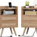 SUPERJARE 2 Drawer Night Stand with Charger Station, Boho Rattan Nightstand Set of 2, 25.2 Inch Tall Bed Side Table with Solid Wood Feet, End Table, Open Storage, Synthetic Rattan, Walnut, 11.8"D x 15.8"W x 25.2"H