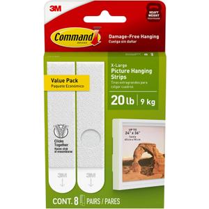 Command 20 Lb XL Heavyweight Picture Hanging Strips, Damage Free Hanging Picture Hangers, Heavy Duty Wall Hanging Strips for Living Spaces, 8 White Adhesive Strip Pairs