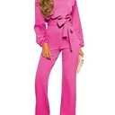 Happy Sailed Women Casual Loose Long Sleeve Belted Wide Leg Pant Romper Jumpsuits X-Large Hot Pink