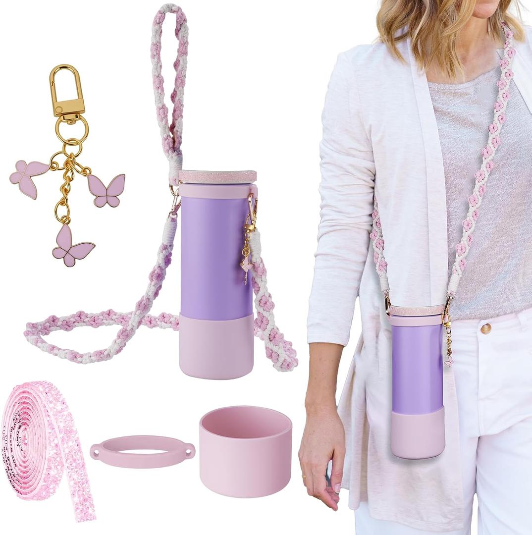 NiHome Accessory Set Compatible with Owala FreeSip 32oz Water Bottle, Includes Hand-Woven Strap, Silicone Ring, Glitter Protective Boot Sleeve, and Straw Plug, Non-Slip Anti-Scratch Base, Pink