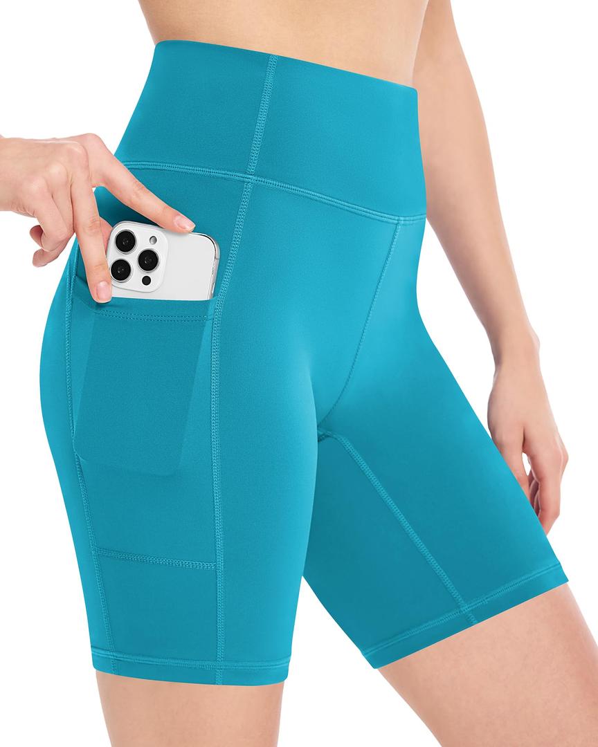 Moozava Biker Spandex Shorts Women Workout Gym Yoga Athletic Running Volleyball Booty Tummy Control High Waisted Soft Compression No See Through Pockets 8" XL Turquoise Green