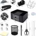 Black Desk Organizers and Accessories 12+1Pcs, Office Supplies for Desk, Pen Organizer with 2 Drawers with Stapler,1000 Staples, Phone Holder, Tape Dispenser, Pen Holder, Sticky Note, Clips, Ruler,Etc