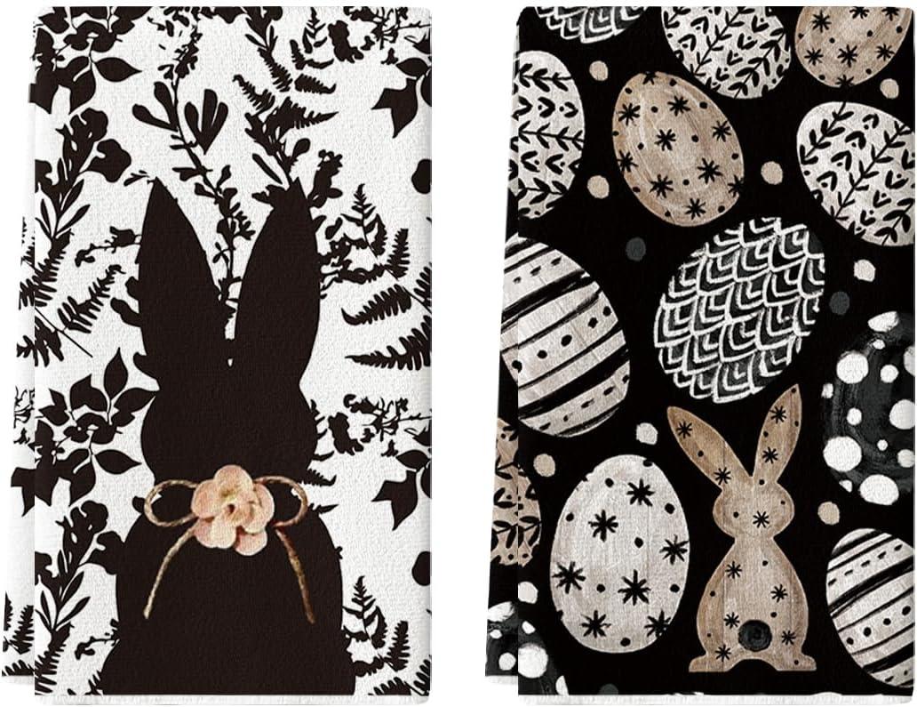 Artoid Mode Black Bunny Eggs Flower Easter Kitchen Towels Dish Towels, 18x26 Inch Spring Farmhouse Leaves Decoration Hand Towels Set of 2