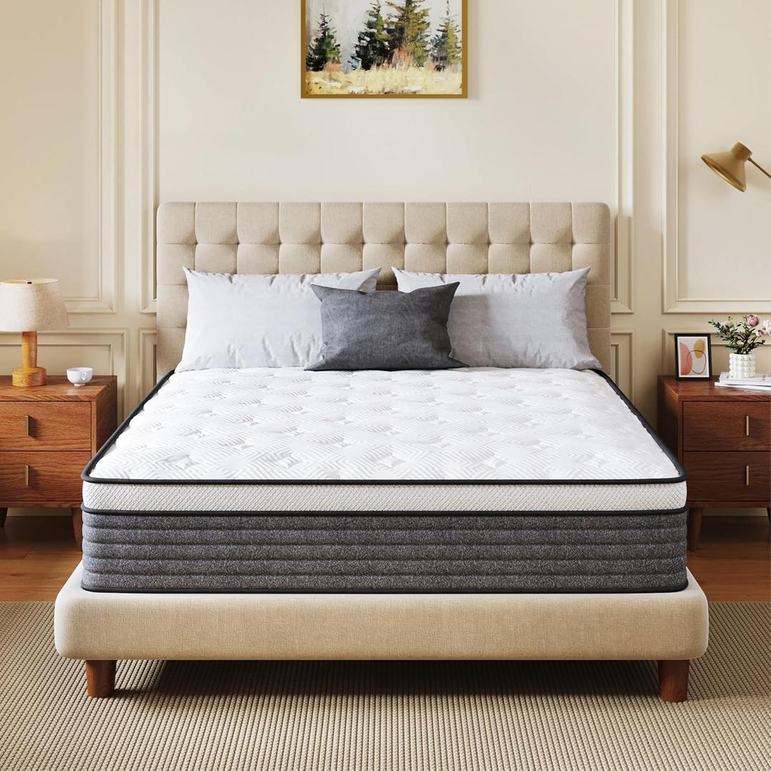 CH Charme House Queen Mattress 10 Inch Hybrid Mattresses in a Box, Medium Feel Foam and Individual Pocket Springs, Fiberglass Free Mattress, Extra Edge Support, Pressure Relief, CertiPUR-US, Grey
