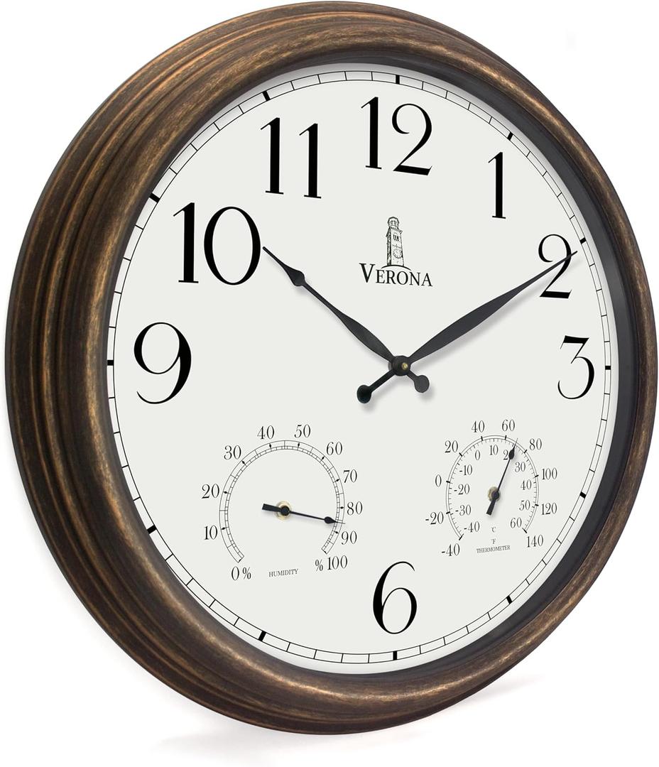 Outdoor Clocks for Patio Large Waterproof with Thermometer - 24 inch Indoor Outdoor Wall Clock with Temperature and Humidity Combo - Weatherproof, Accurate & Easy to Read for Pool, Garden & Home Decor (Bronze)