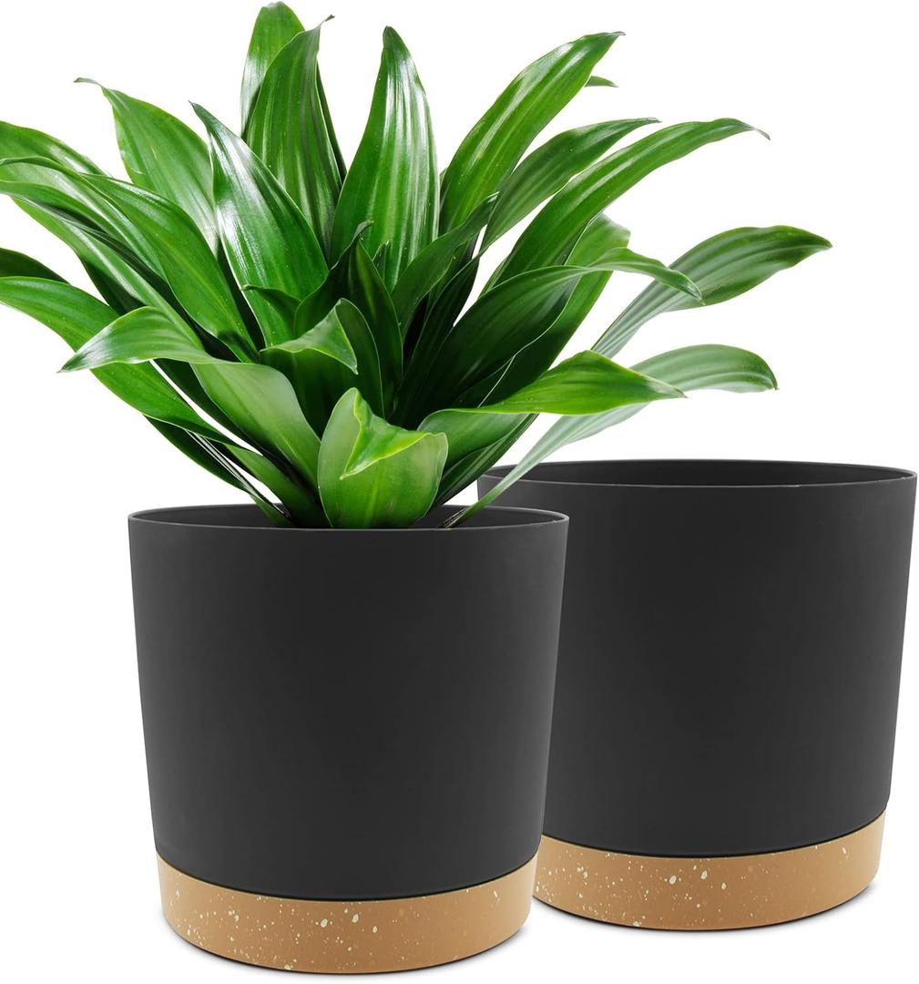 QCQHDU 10 inch Plant Pot, 2 Pack Planters for Indoor Plants with Drainage Holes & Saucer, Outdoor Flower Pots Home Garden Modern Decor (Dark Grey)