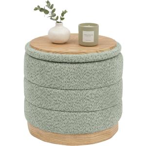 B FSOBEIIALEO Round Storage Ottoman with Tray, Folding Ottoman with Storage Coffee Table Foot Rest for Dorm Room Living Room Chenille Fabric,Wood-Grain Leather Base,Sage Green,15.35"x15.35"x14.57"