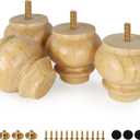 FoDau770 Rubber Wood Furniture Legs 3 Inch, Mid-Century Modern Couch Feet Heavy Duty Sofa Legs Set of 4, Vintage Dresser Feet Round Ottoman Leg Bun Feet Replacement Leg for DIY Furniture Projects