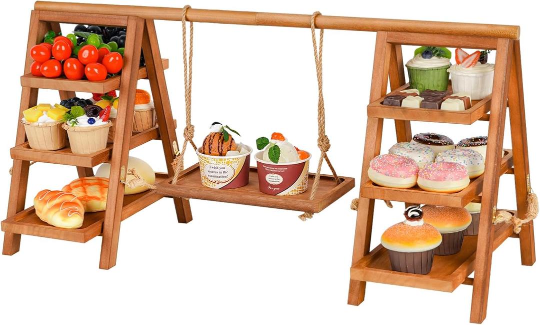 Cupcake Stand, 3 Tier Wood Cupcake Display Stand with Swing, Dessert Table Display Set with Serving Tray for Dessert Display for Party, Wedding, Farmhouse Decor (Brown)