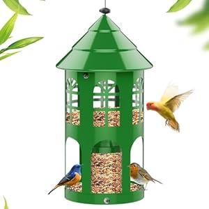 Metal Bird Feeder for Outdoor Hanging, Large Capacity Wild Bird Feeder with Weatherproof Roof & Squirrel-Proof Design, Easy to Fill & Clean, Ideal for Cardinals, Finches, and Blue Jays