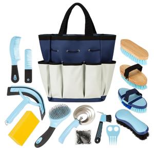 Horse Grooming Kit, 14-in-1 Professional Horse Brush Supplies Set for Grooming & Care, with Horse Brushes, Curry Comb, Hoof Pick & Waterproof Storage Tote Bag for Shining, Detangling, Massaging(Blue)