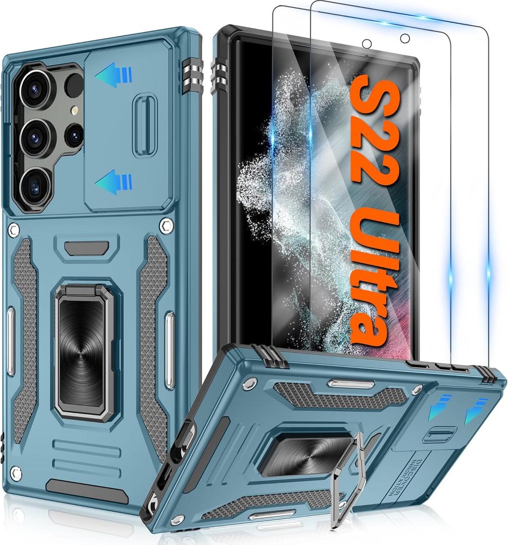 ATUMP for Samsung Galaxy S22 Ultra Case with [2 Pack] HD Screen Protector & Slide Camera Cover, 360 Rotation Ring Kickstand [Military Grade] Shockproof Protective Case for S22 Ultra, Light Blue