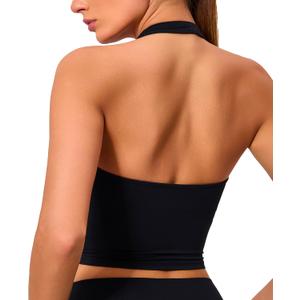 Oalka Women's Halter Sports Bra Longline Yoga Bra Gym Cropped Shirt Workout Tank Tops (Black, M)