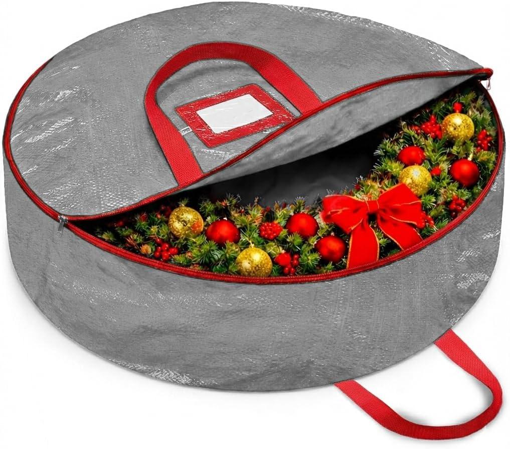 ZOBER Christmas Wreath Storage Container 30 Inch - Wreath Bag for Artificial Wreaths Box - Dual Zippered Wreaths Storage Bag with Strong Durable Handles - Gray