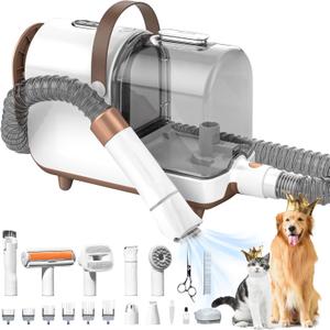 Bunfly Dog Grooming Kit & Dog Hair Vacuum, 3L Large Capacity Dust Cup,13,000KPa Powerful Suction, 99% Pet Hair Removal, 16 Grooming Tools for Dogs, Cats & More, Home Cleaning - Brown