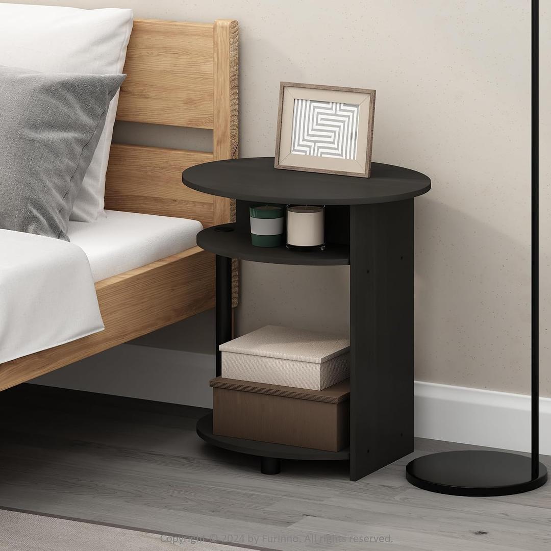 Furinno TIDUR Night Stand, 3-Tier Oval Nightstand with Round Edge Tabletop, Open Shelf Bedside Table, End Table, Side Table, for Bedroom, Closet, Dorm, Walnut