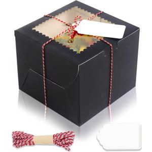 20Pcs Mini Cake Boxes with Window, 6x6x5 Inches Black Bakery Boxes, Small 4 Cupcake Boxes, Cake Packaging for Pastries, Cookies, Chocolates, Cupcakes, Birthday Party, Wedding