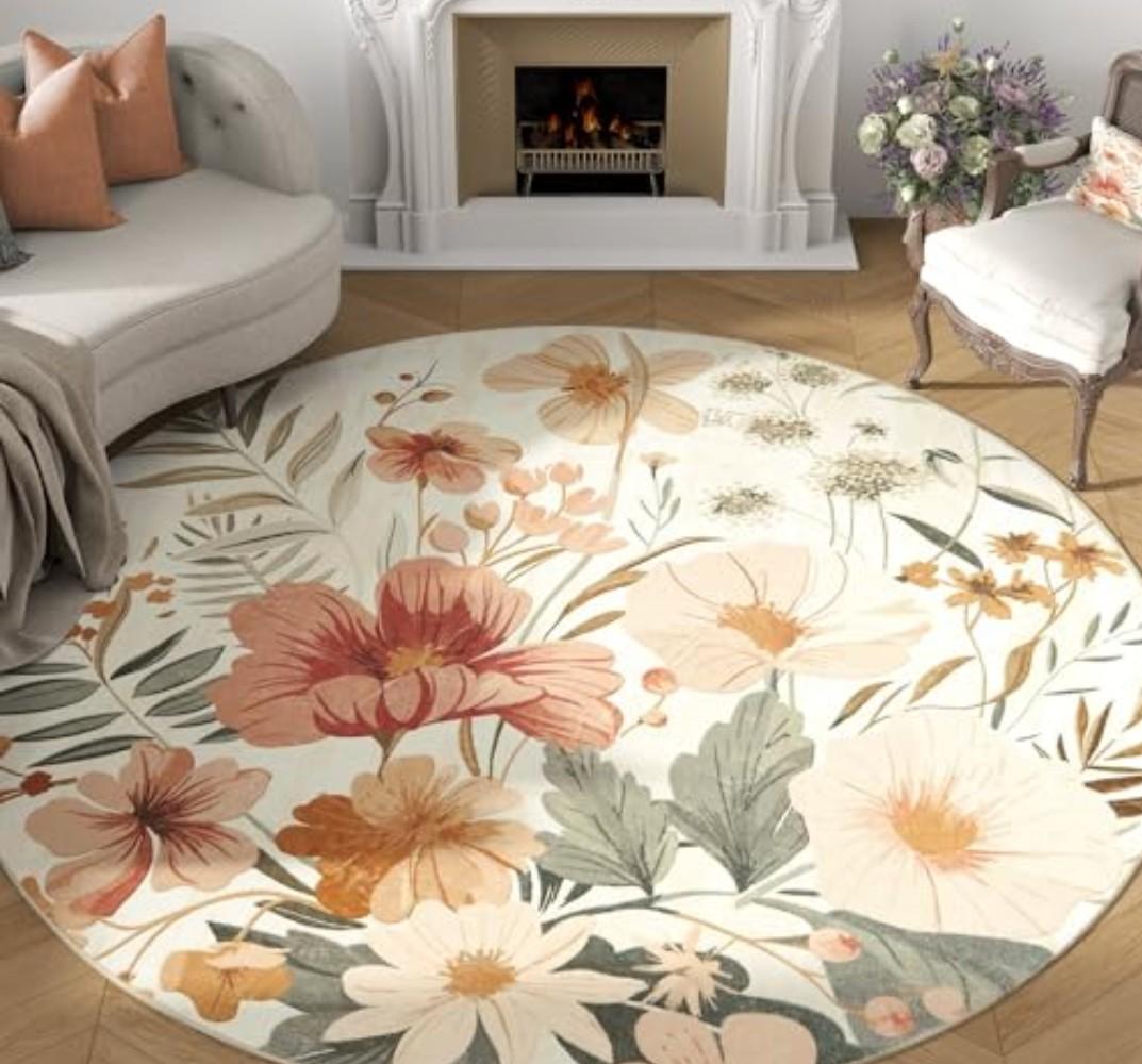 jinchan Renouveau Floral Round Rug 7ft Area Rug Indoor Circle 7' Round Washable Modern Oriental Flower Print Non Slip Carpet for Living Room Dining Room Bedroom Office Decor Pink/Grey